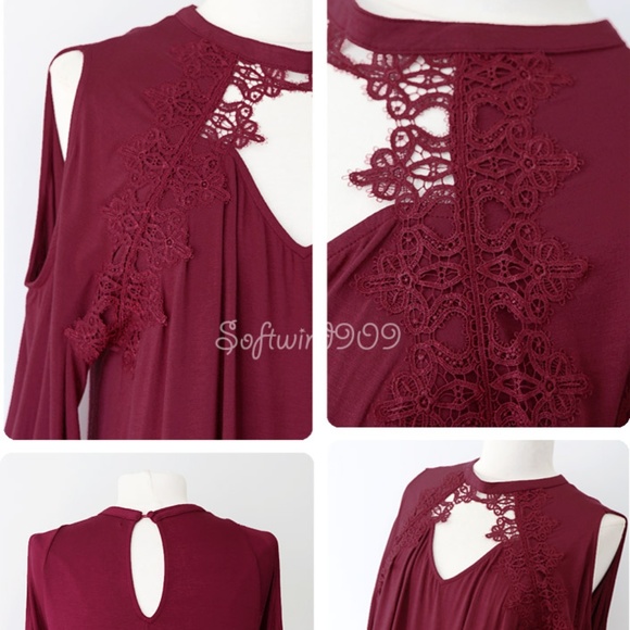 Burgundy Wine Lace Cutout Cold Shoulder Soft Top - Picture 4 of 8